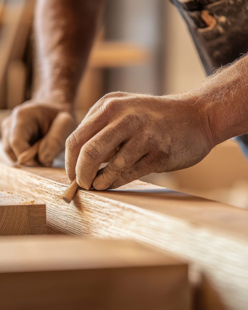 A focused shot of a carpenter crafting custom wooden fixtures for a luxury condominium renovation, Luxury condominium renovation scene, Bespoke woodworking style A focused shot of a carpenter crafting custom wooden fixtures for a luxury condominium renovation, Luxury condominium renovation scene, Bespoke woodworking style