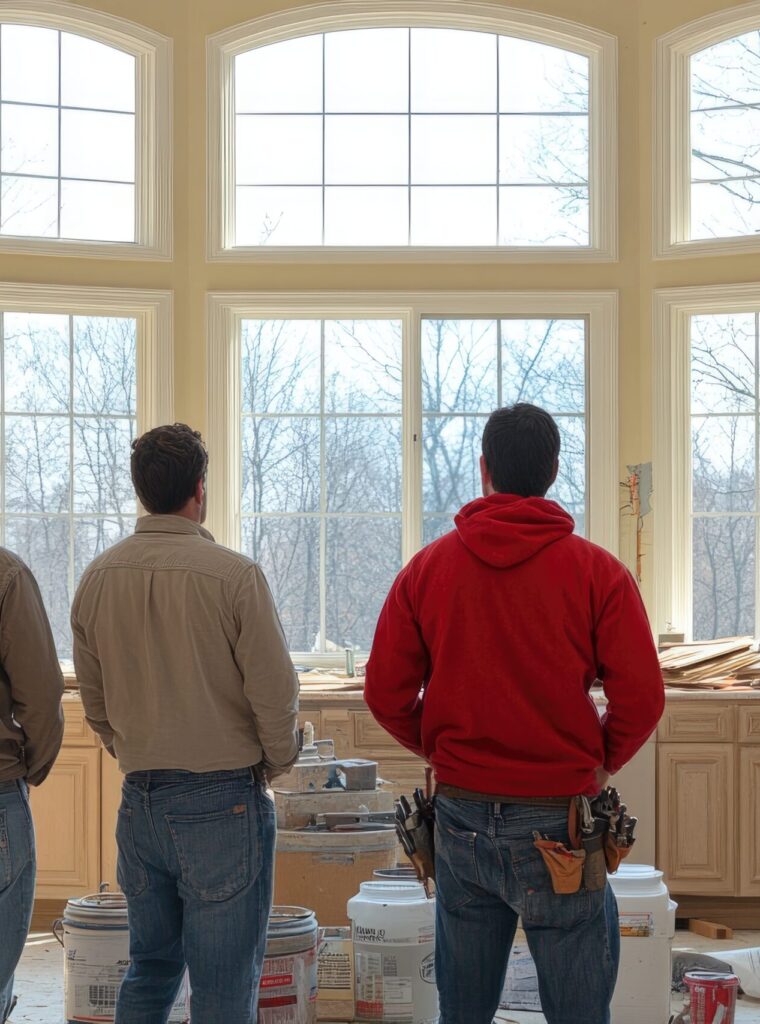 Four construction workers in a new kitchen looking out large windows. Four construction workers in a new kitchen looking out large windows.