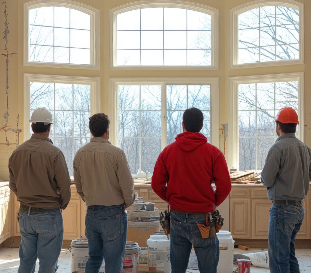 Four construction workers in a new kitchen looking out large windows.