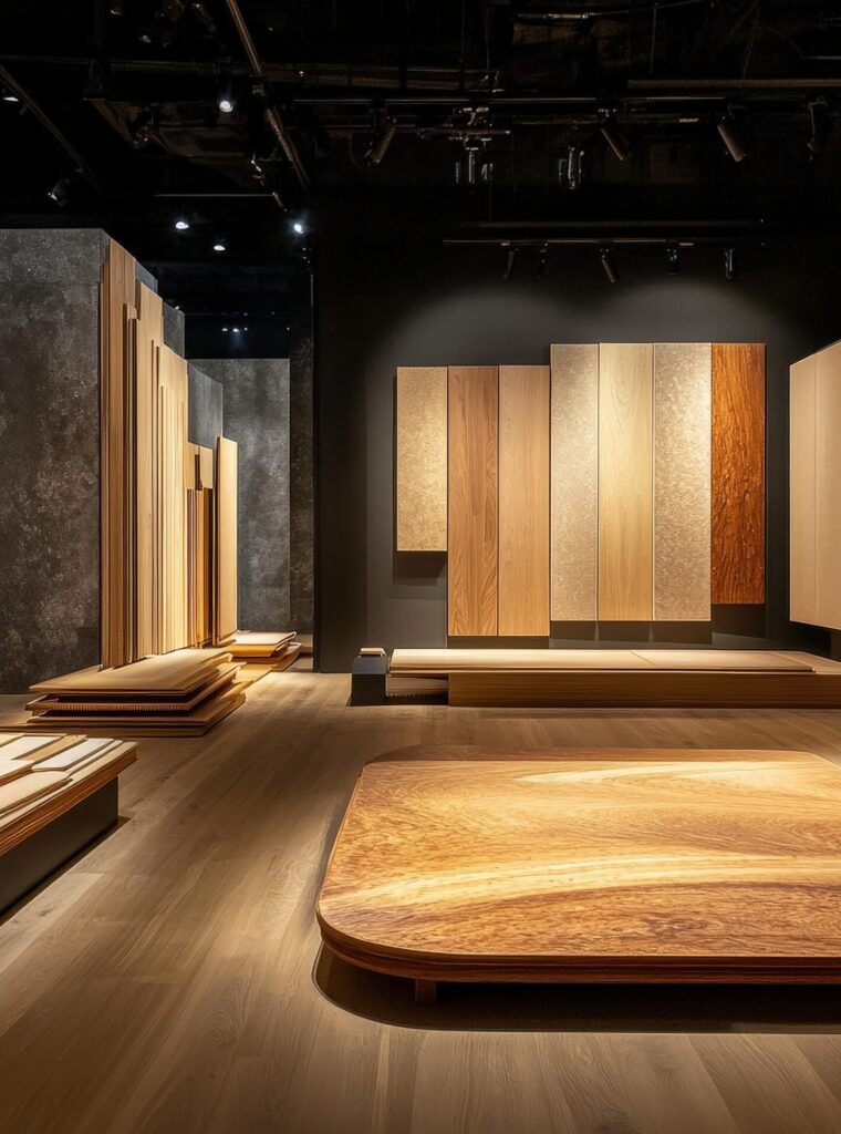 Modern Plywood Showroom Display Diverse Textures and Colors of Architectural Materials for Interior Design Projects